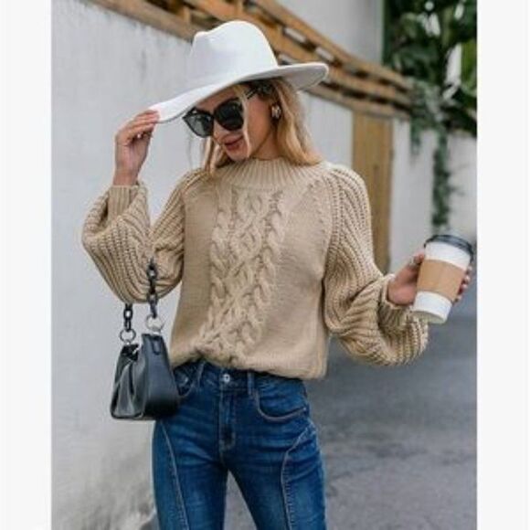 New Khaki Mock Neck Cable Knit Chunky Sweater - Picture 5 of 6